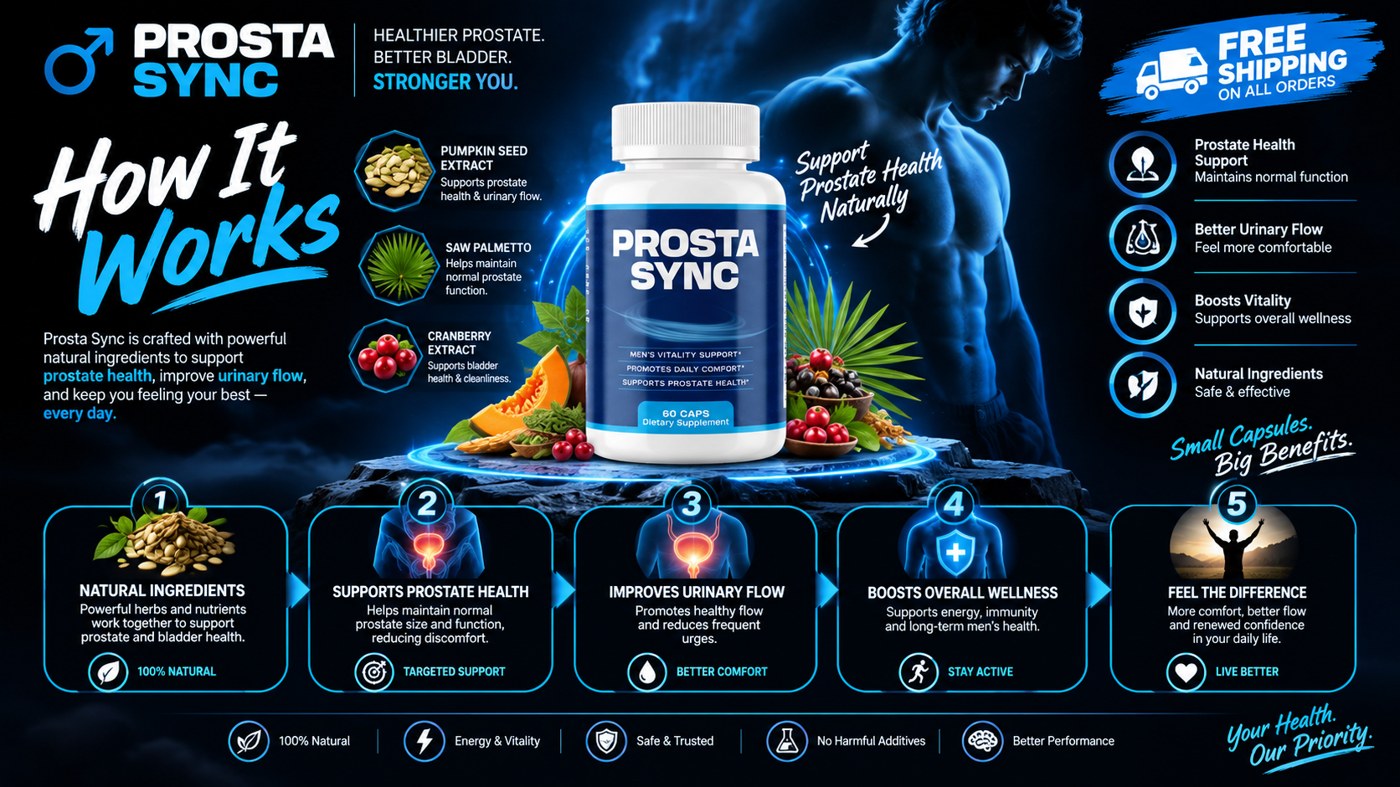 ProstaSync five-step how it works: natural ingredients, supports prostate health, improves urinary flow, boosts overall wellness, feel the difference